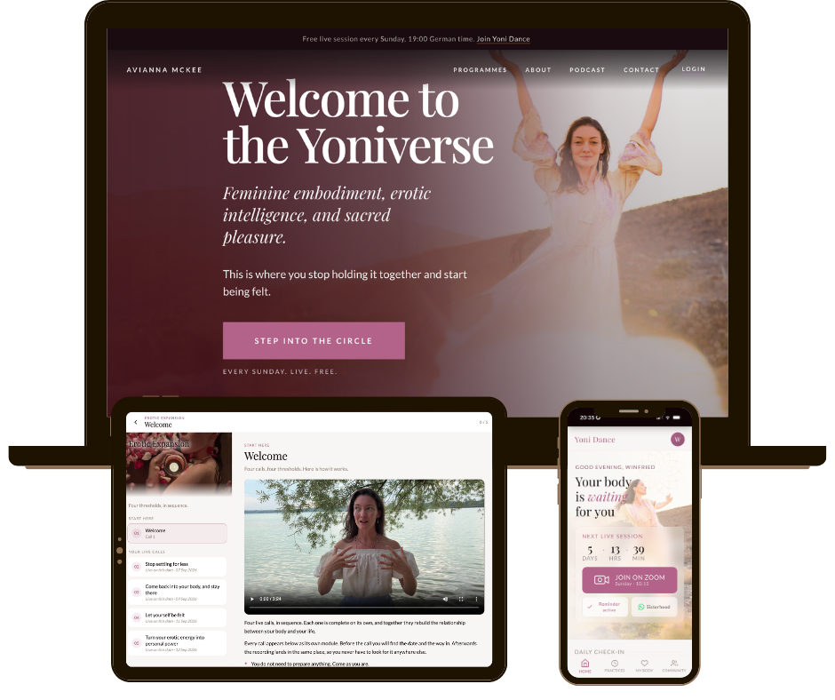 Avianna's website, course area and app on laptop, tablet and phone